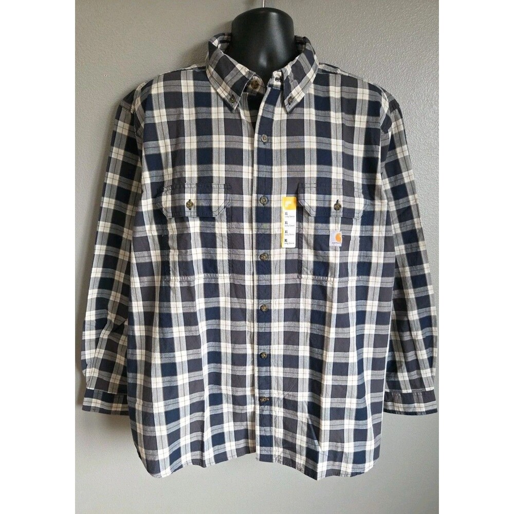 NWT Carhartt Loose Fit XL Men's Midweight Chambray Long Sleeve Blue Plaid Shirt